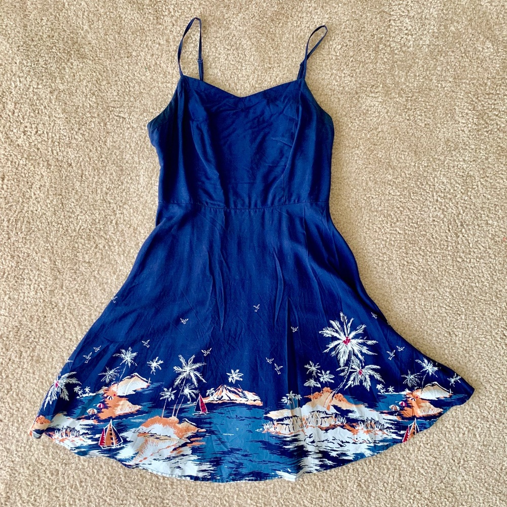 Navy Blue Fit & Flare Printed Cami Dress